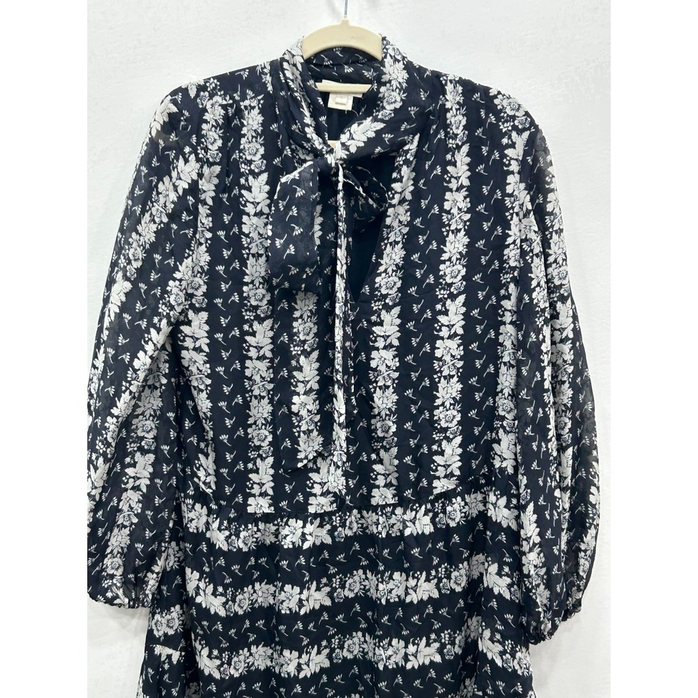 Shoshanna Holley Dress Womens 2 Navy White Floral Silk Tie Neck 3/4 Sleeve Mini - Picture 4 of 12